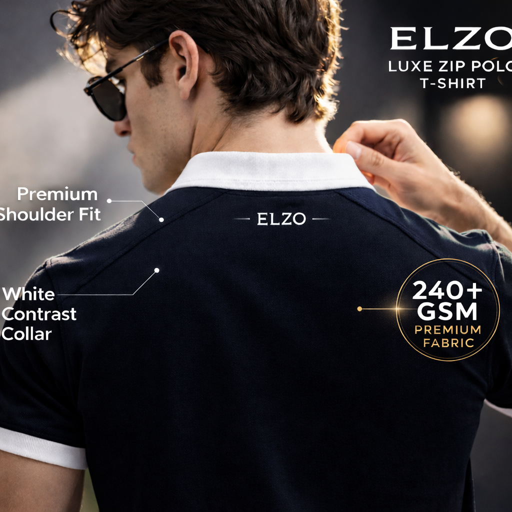 ELZO Luxe Zip Polo T-Shirt – Midnight Navy | 240 GSM Organic Cotton Premium Edition