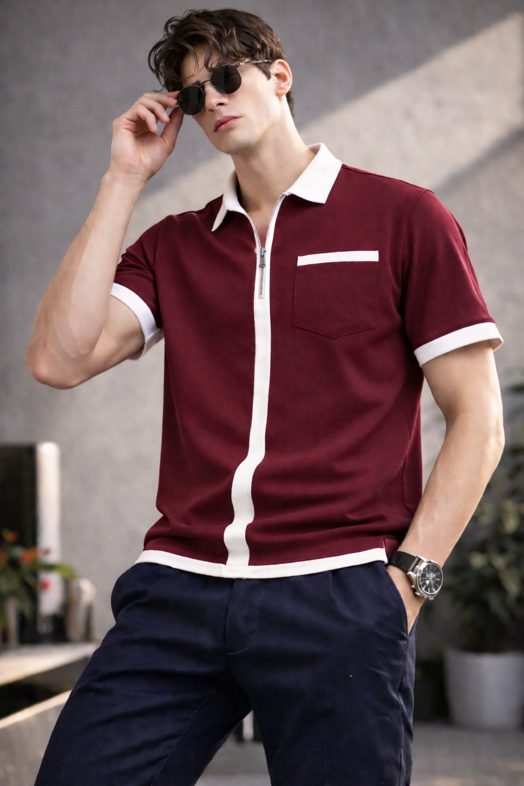 ELZO Luxe Zip Polo T-Shirt – Royal Maroon | 240 GSM Organic Cotton Premium Wear