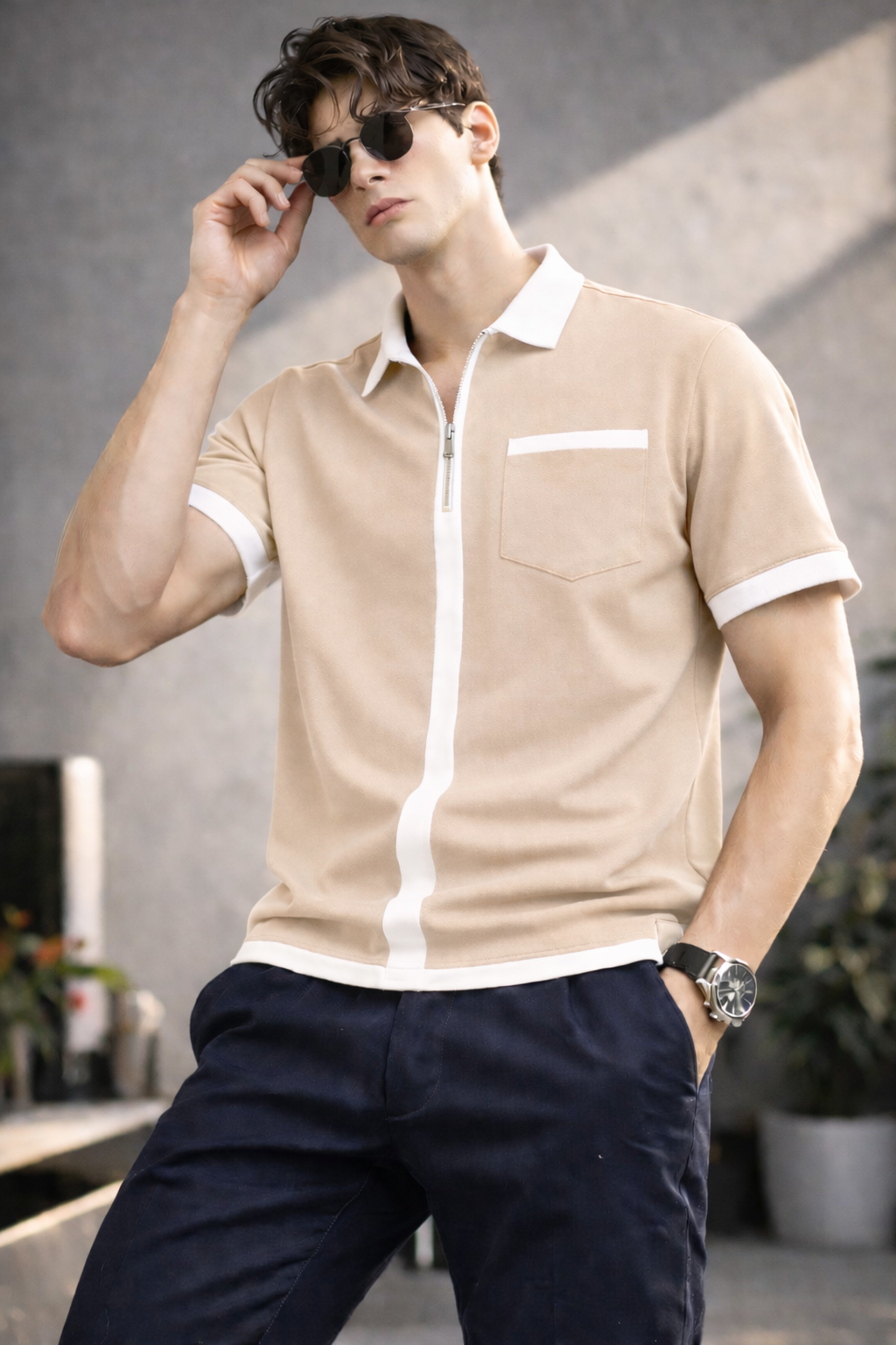 ELZO Luxe Zip Polo T-Shirt – Sand Beige | 240 GSM Organic Cotton Premium Wear
