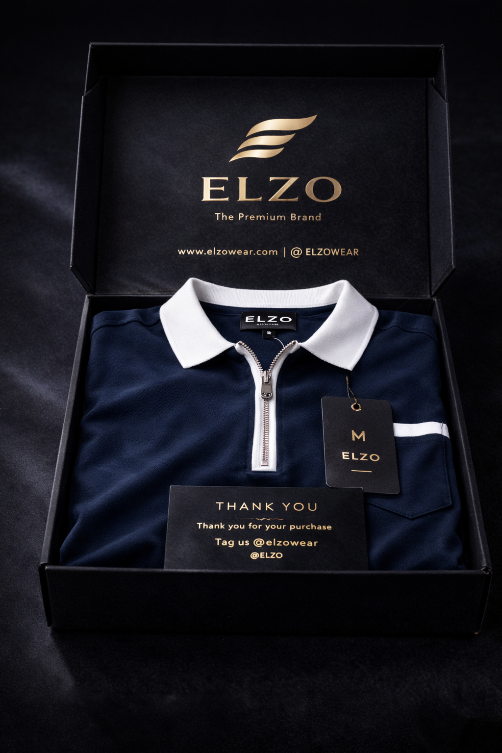 ELZO Luxe Zip Polo T-Shirt – Midnight Navy | 240 GSM Organic Cotton Premium Edition