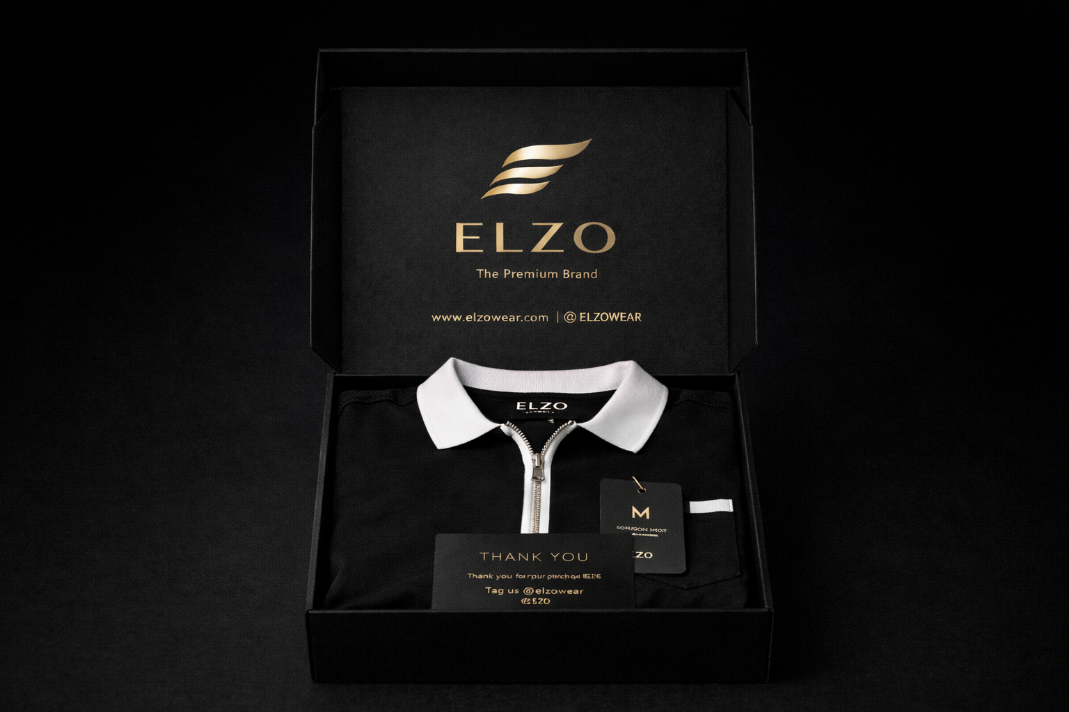 ELZO Luxe Zip Polo T-Shirt – Midnight Black | 240 GSM Organic Cotton Premium Edition