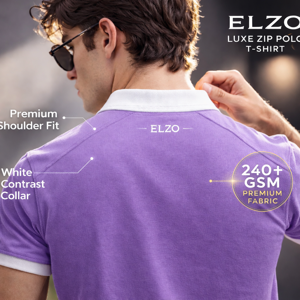 ELZO Luxe Zip Polo T-Shirt – Lavender Purple | 240 GSM Organic Cotton Premium Wear