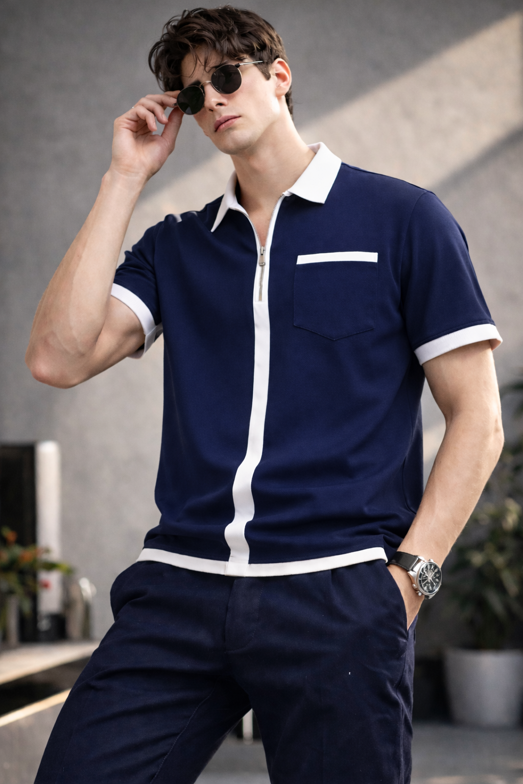 ELZO Luxe Zip Polo T-Shirt – Midnight Navy | 240 GSM Organic Cotton Premium Edition