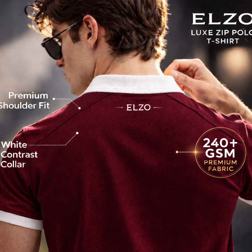 ELZO Luxe Zip Polo T-Shirt – Royal Maroon | 240 GSM Organic Cotton Premium Wear
