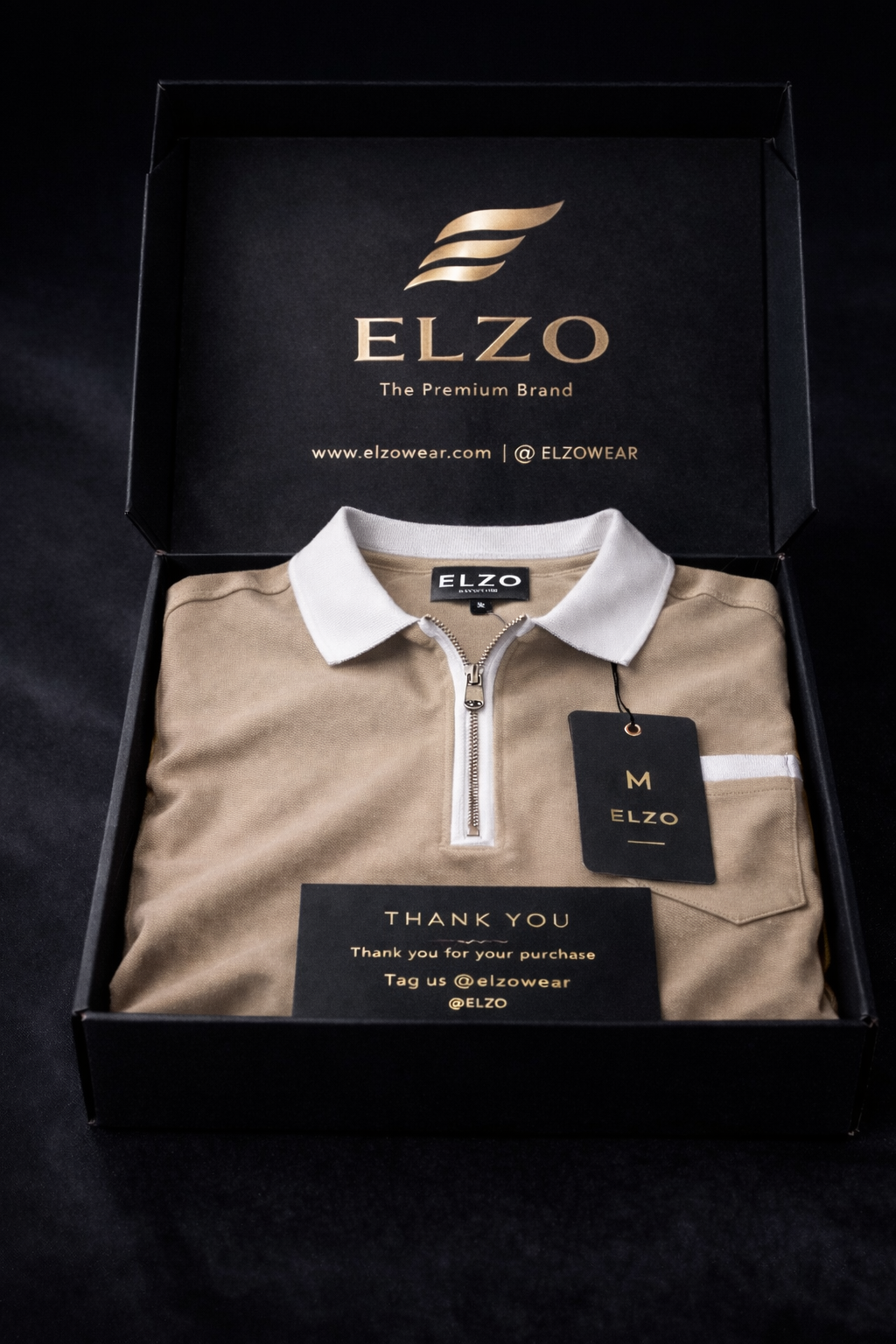 ELZO Luxe Zip Polo T-Shirt – Sand Beige | 240 GSM Organic Cotton Premium Wear