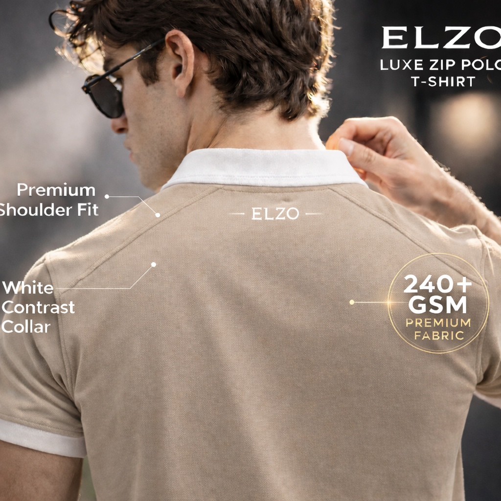 ELZO Luxe Zip Polo T-Shirt – Sand Beige | 240 GSM Organic Cotton Premium Wear