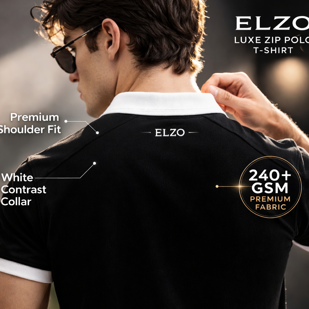 ELZO Luxe Zip Polo T-Shirt – Midnight Black | 240 GSM Organic Cotton Premium Edition